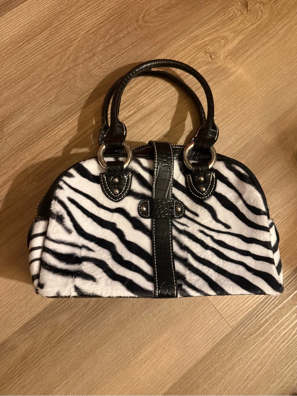 Y2K Black & White Zebra Print Handbag with Black Accents